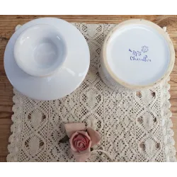 Franse wit porseleinen boterpot / beurrier met zwarte tekst