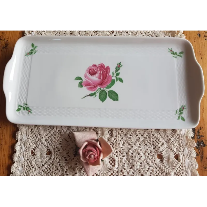 Wit porseleinen cakeschaal met bloemen en roze roosjes, Hutschenreuther