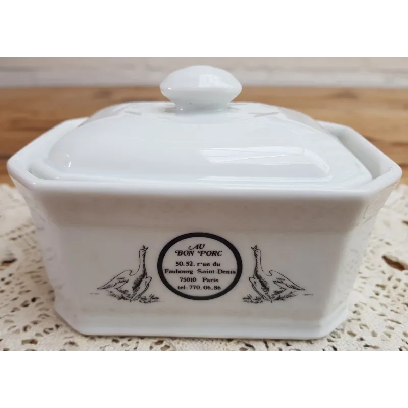 Kleine vintage Franse foie gras terrine  met ganzen en tekst