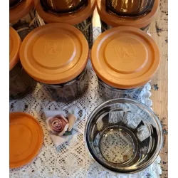 Vintage Franse bruine rookglazen voorraadpotten Arcopal