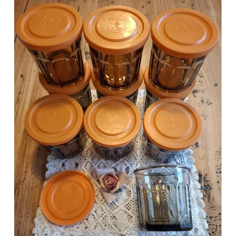 Vintage Franse bruine rookglazen voorraadpotten Arcopal