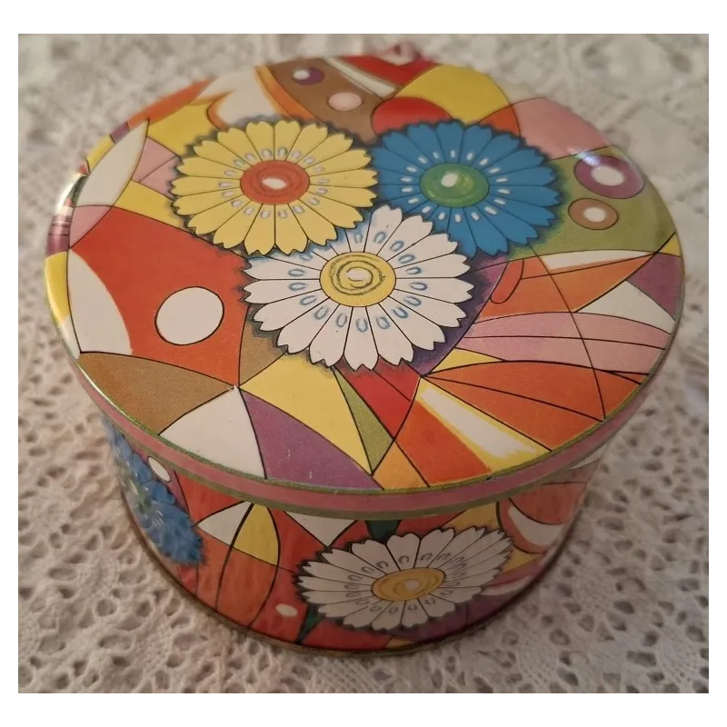 Engels retro, sixties blikje, gekleurde bloemen & vormen, Baretware