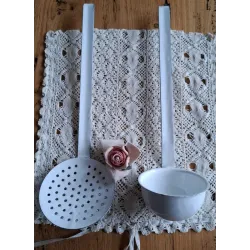 Wit emaille schuimspaan + soeplepel