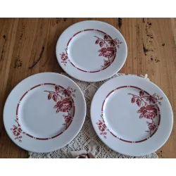 3 Porseleinen Franse ontbijtbordjes met rode rozen, Porcelaine Fine