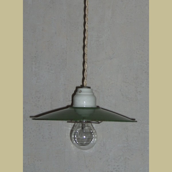 Napier Bad Lao Oude Franse hanglamp, groen emaille met porselein - La Brocanti
