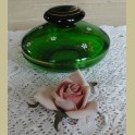 vintage groen glazen schaaltje / potje met witte bloemetjes