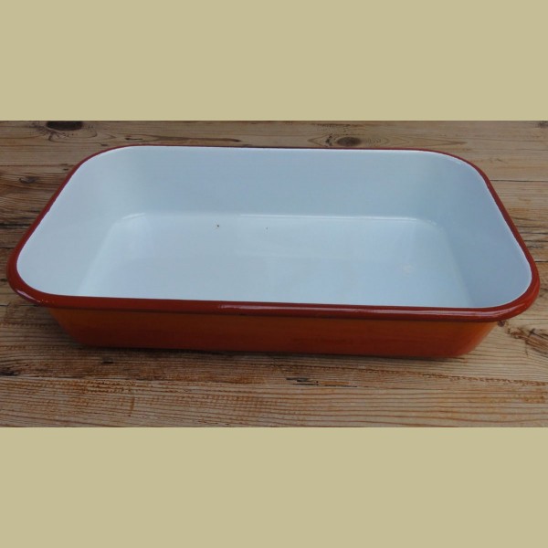 binding Aanhoudend klem Oranje emaille braadslede / ovenschaal met rode rand - La Brocanti