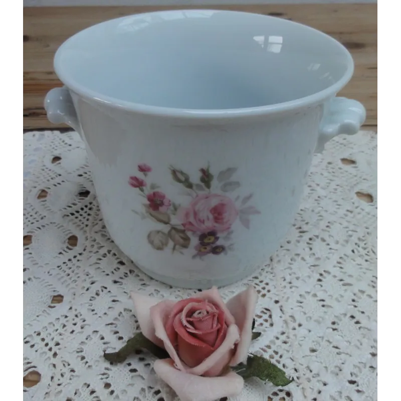 Wit porseleinen bloempot met roze roos , Hutschenreuther Wit porseleinen bloempot met roze roos , Hutschenreuther