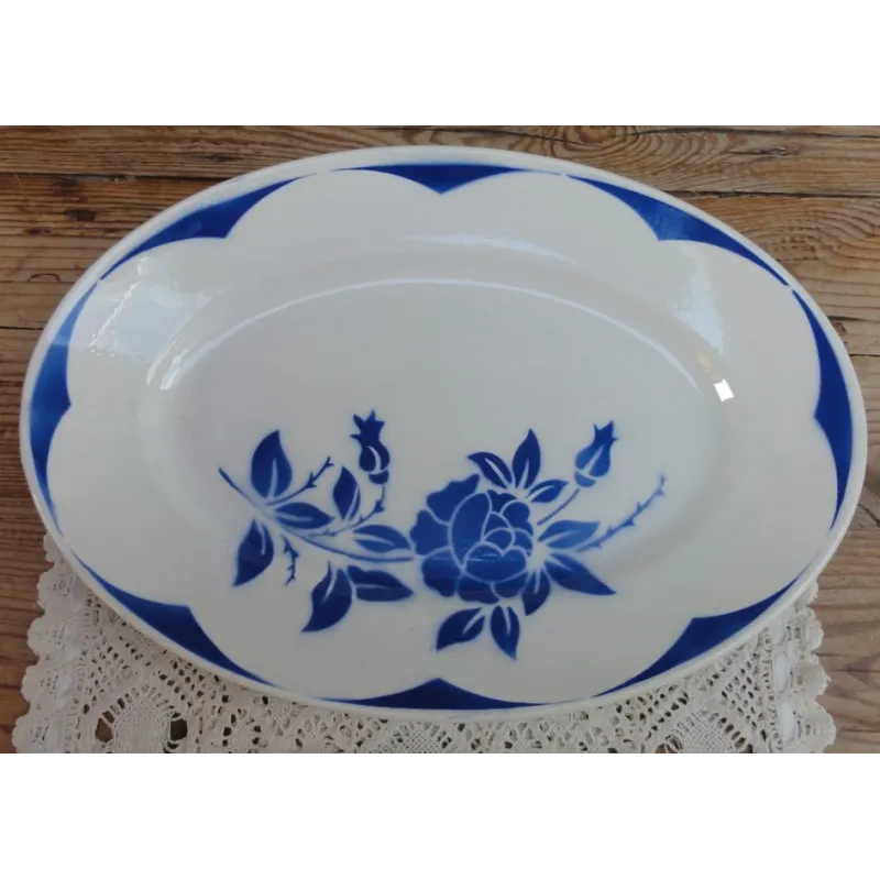 Franse brocante ovale schaal, blauwe roos, Sarreguemines Corsica Franse brocante ovale schaal, blauwe roos, Sarreguemines Corsica
