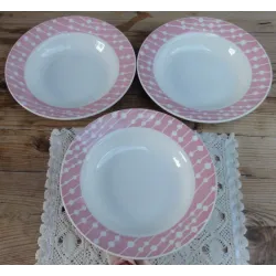 3 Franse brocante soep borden, roze motief, Digoin, Domremy