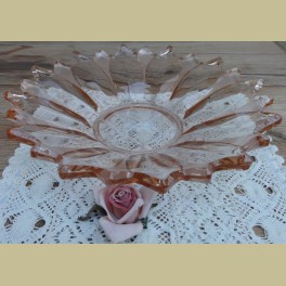 Vintage roze depressie glazen schaal , bloem/ zon